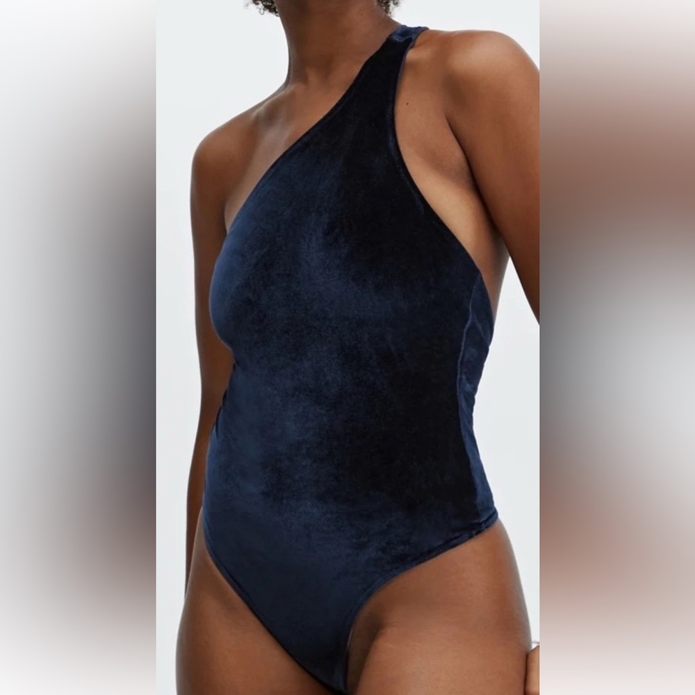 Fabletics One-Shoulder Navy Velvet Bodysuit